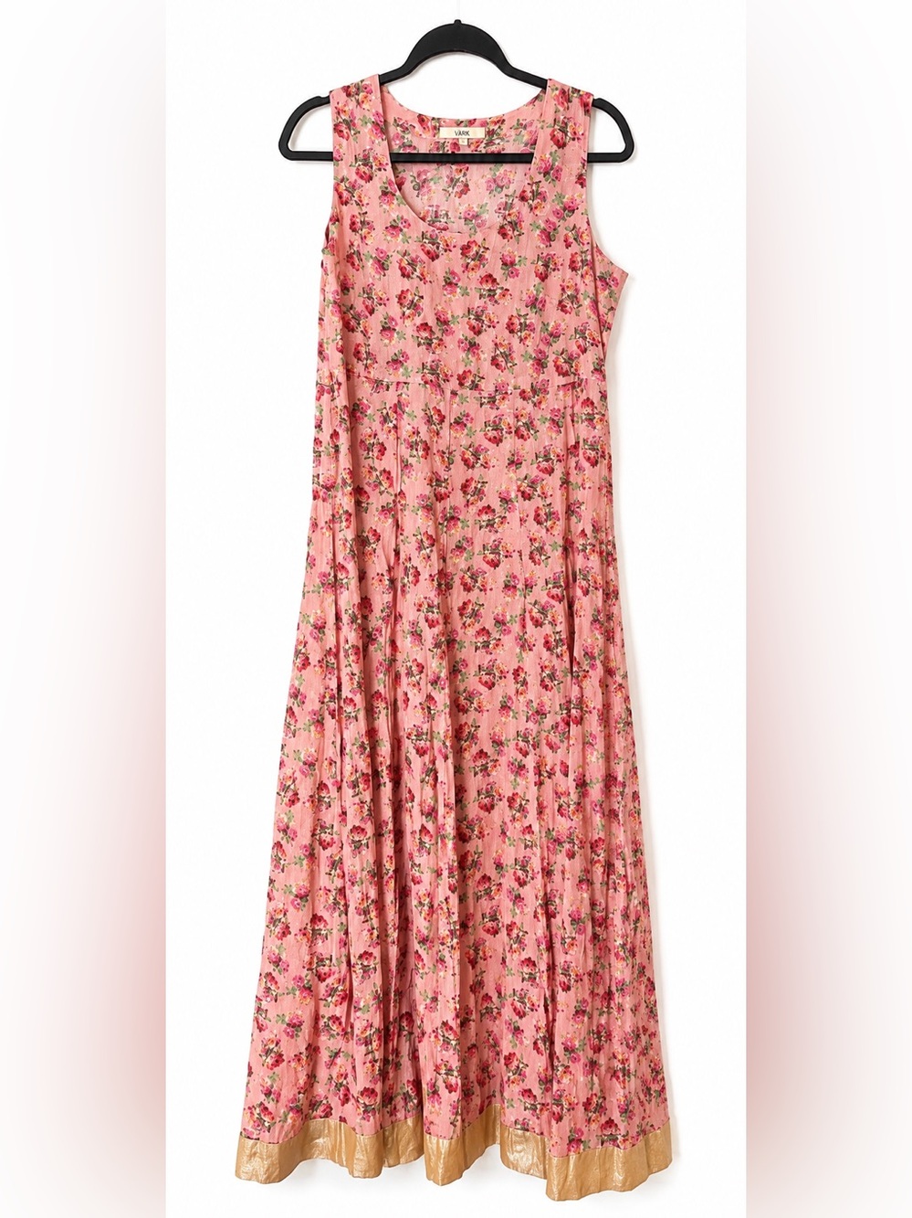Värk Pink Floral Maxi Dress Cottagecore Prairie Gold Hem Sleeveless A-Line L
